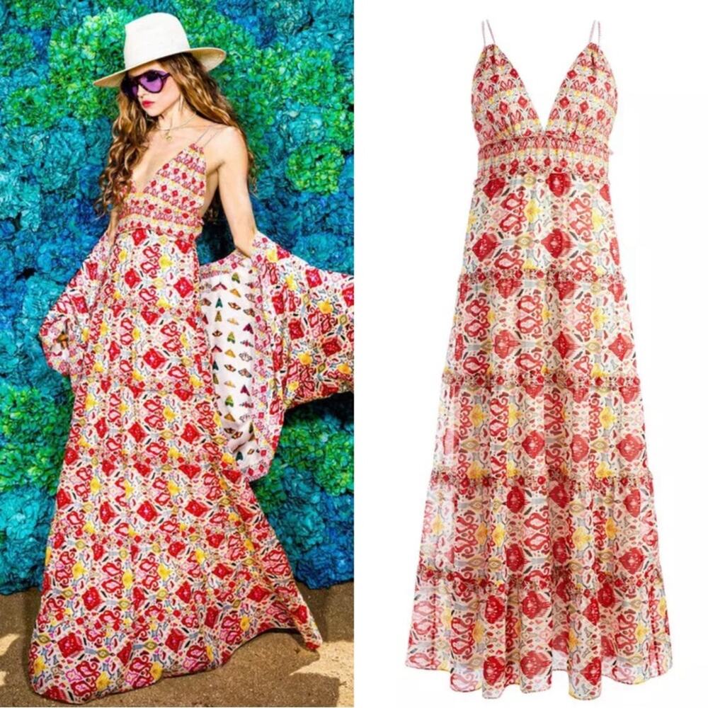 ALICE + OLIVIA Karolina Braided Strap Vintage Market Tiered Maxi Dress Size 12